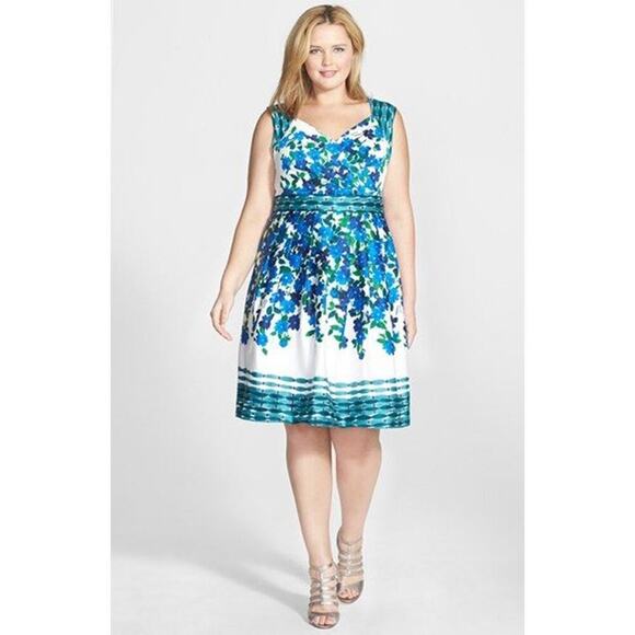 Adrianna Papell Floral Stretch Cotton Fit & Flare Dress Blue Green Size 6 - Picture 1 of 5